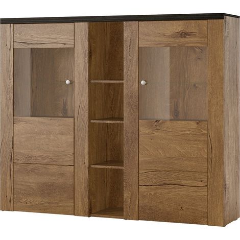 Vaisselier design 2 portes pour salon couleur chêne et noir effet bois. collection SANTIAGO. (1/5)