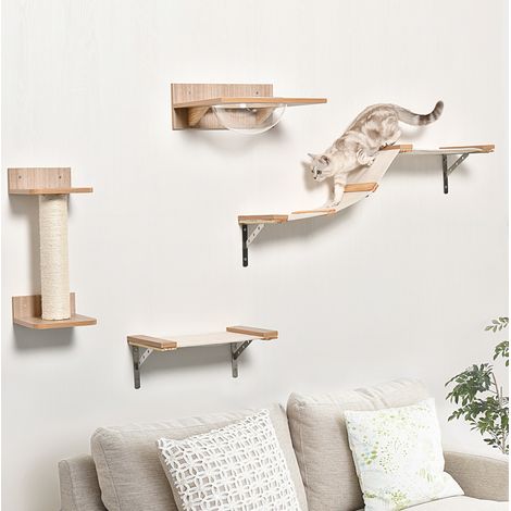 Arbre à chat mural en sisal marron, set 4 pièces, pour grimper, griffer et se reposer, 100 x 25,5 x 17,5 cm (1/5)
