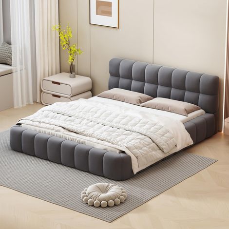 Polsterbett 140 x 190 cm, Doppelbett mit weicher Rückenlehne, Flachbett mit gepolstertem Rand, Lattenrost, Jugendbett, Leinen – Grau