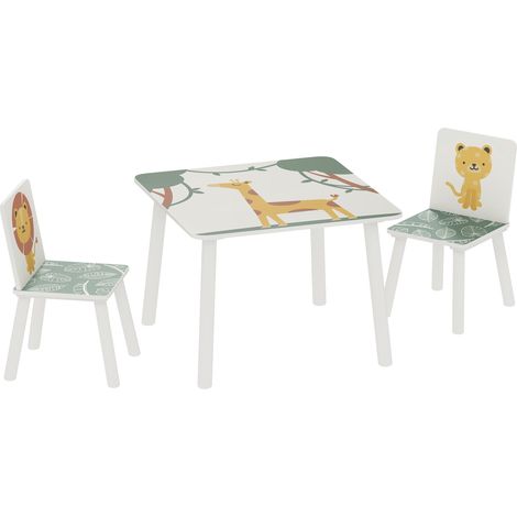 Set Tavolino e 2 Sedie per Bambini 3-8 Anni in MDF Fantasia con Animali Verde