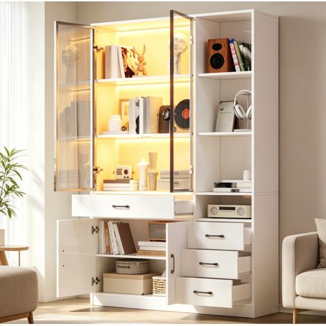 Vitrine haute 120x35x200 cm en bois blanc, avec rangement LED, pour salon FloraGrace (1/5)