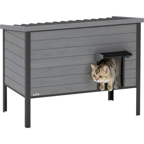 Niche pour chat résistante aux intempéries avec toit à charnières, plancher amovible, entrée pour 1 à 2 chats jusqu'à 12 kg, 85 x 55 x 70 cm, gris clair (1/5)