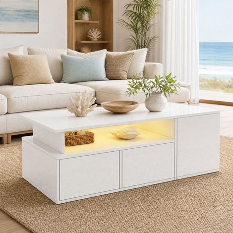 Tavolino da caffè 100 x 50 x 35 cm con LED, 2 cassetti, 3 livelli, bianco HAVRYA (1/5)