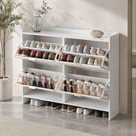 Zapatero moderno de 4 abatibles, estantes abiertos, blanco, 110 x 90 x 24 cm HAVRYA (1/5)