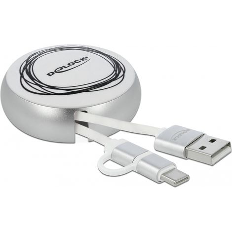 Delock Cable retrÃ¡ctil USB 2.0 2 en 1 Tipo-A a Micro-B y USB-Câ¢ blanco / plata