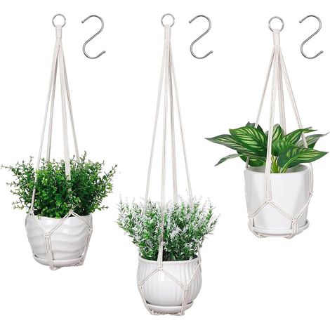 Lot de 3 Suspension Plante, Crochet S, Macramé Sans Franges, Intérieur Extérieur (1/5)