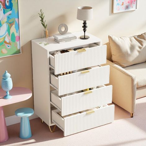 Commode Scandinave 60 cm avec 4 Tiroirs – Meuble de Rangement, Poignées Métal et Pieds Dorés – Tissu Blanc
