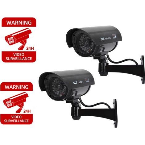 2 caméras virtuelles extérieures avec LED, fausses caméras de sécurité extérieures noires + panneaux de sécurité de vidéosurveillance (1/4)