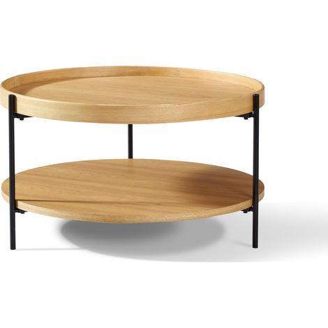 Table basse ronde à 2 plateaux en bois massif et métal, 69x69x38 cm, finition chêne, noyer ou noir (1/5)