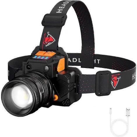 Lampe frontale LED étanche 2000 lumens, ultra-lumineuse, rechargeable USB, 3 niveaux de luminosité, angle de vision réglable sur 90°.