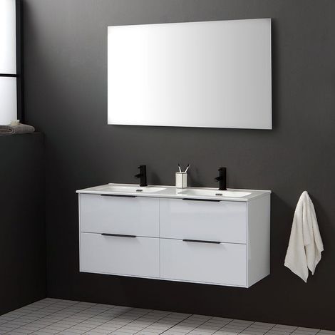 Mueble De Baño Suspendido 120Cm Blanco Brillante Con Manija Negra Mate París (1/5)
