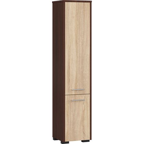 Colonne de salle de bain wengé 30 cm – 2 portes chêne sonoma – 5 étagères 30x30x140 cm – Armoire suspendue ou debout – Abamihome (1/5)