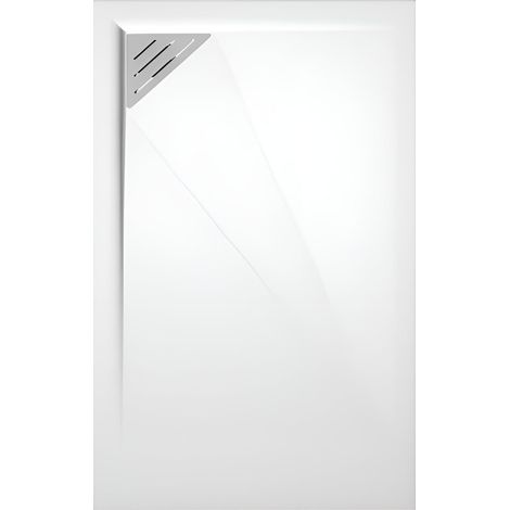 Mineralguss-Duschwanne extra flach TRINITY in WEIß 70x70 cm Ablaufschutz in Chrom Ablauf linksbündig