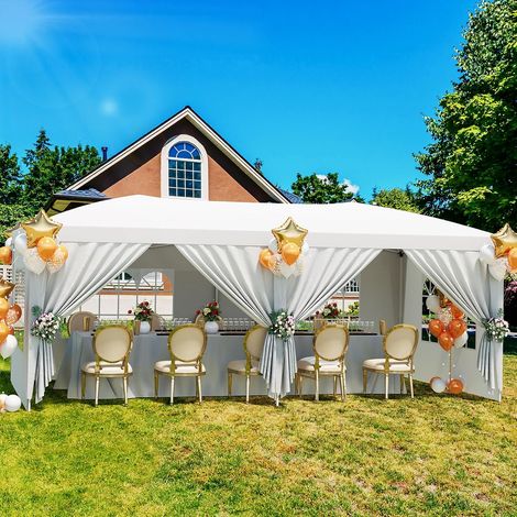 Tonnelle de Jardin 3 x 6 m avec Toit Plat, Toile Oxford 210D Imperméable Anti-UV, 6 Parois Amovibles, Structure Métal Réglable, Blanc (1/5)