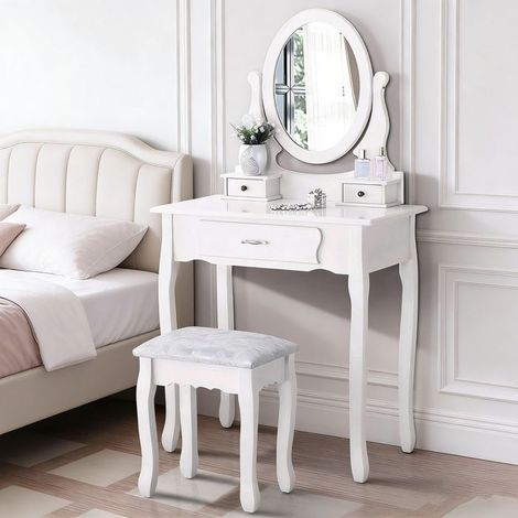 POCKETPOP Frisiertisch mit Spiegel und Hocker, abnehmbares Tablett, 3 Schubladen, für kleine Zimmer, Weiß