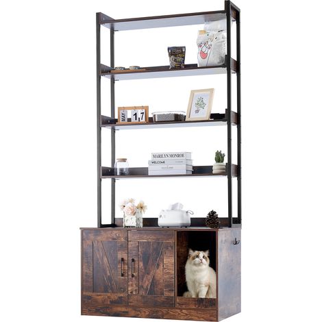 VEVOR Muebles de Baño Oculto para Gatos 85 x 49 x 183,6 cm Casa de Inodoro para Gatos con 4 Estantes de Almacenamiento Armario de Madera para Ocultar las Cajas de Arena para Gatos, Marrón Oscuro