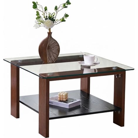 ELVMI Tavolino da Salotto con Piano in Vetro Temperato e Ripiano, per Soggiorno, Noce, 65 x 41 x 45.5 cm (1/5)