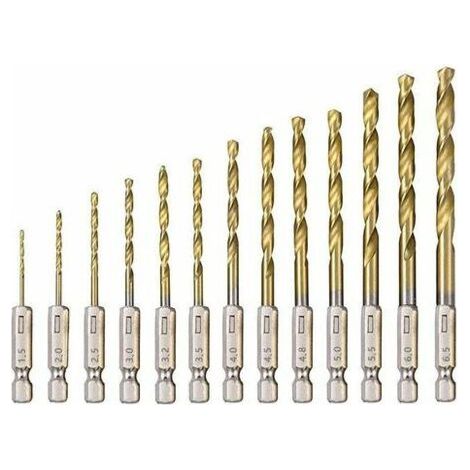 Foret Hélicodal en HSS 13Pcs Forets Hexagonaux en Acier Rapide avec Revêtement en Titane 1,5 Mm - 6,5 Mm pour Perage du Bois/Métal/Plastique (1/5)