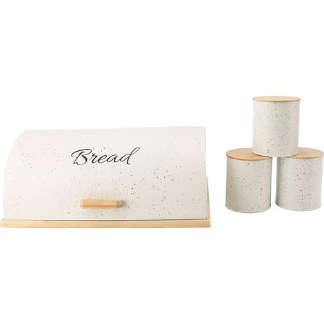 Boîte à pain en bois et fer, conteneur de rangement à côtés plats avec 3 pots pour comptoir de cuisine blanc (1/5)