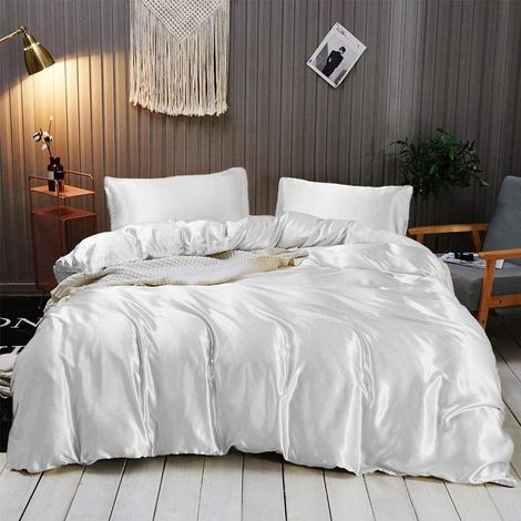 Parure de lit en satin de soie ultra doux et luxueux (couette + drap plat + 2 taies d'oreiller), confortable et durable, blanc. (1/4)