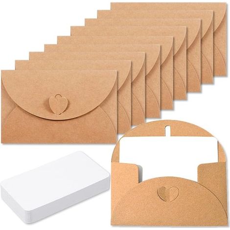 15 buste in carta kraft (10,3 x 7 cm) con 15 cartoncini bianchi (6 x 9,5 cm) Mini buste con chiusura a forma di cuore per biglietti regalo (1/5)