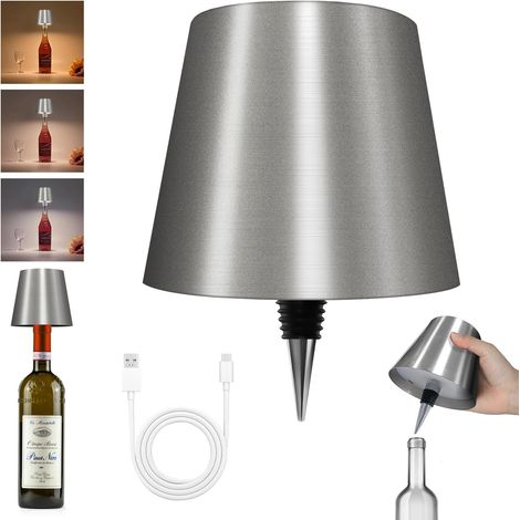 Lampe de bouteille sans fil neuve, lampe de bouteille LED, argentée, trois couleurs à intensité variable. (1/5)