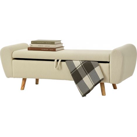 Banc de rangement 73 L, coffre de rangement rembourré en velours côtelé avec accoudoirs et pieds en bois d'hévéa, beige (1/5)