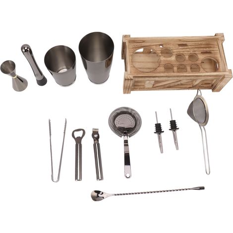 Dieses Barset enthält einen spülmaschinenfesten Cocktailshaker aus Edelstahl und einen Holzständer – ideal für Bars, Partys und Treffen mit Freunden. (1/5)