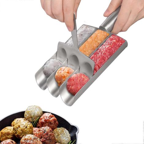Appareil à boulettes de viande à trois tubes avec spatule de découpe, outil manuel en acier inoxydable pour la fabrication de boulettes de viande, moule à boulettes de viande pour façonner rapidement (1/5)