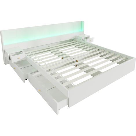 Cama doble 180 x 200 cm en MDF blanco con USB, LED, enchufe y 2 mesitas con cajones (1/5)