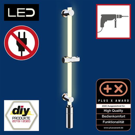 WENKO LED Duschstange 74 cm Warmweiß, beleuchtete Brausestange , Polykarbonat weiß, Kunststoff (ABS) chrom (1/5)