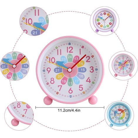 Lautloser Wecker für Kinder, analoger Wecker, Lernwecker für Kinder mit Nachtlicht und Schlummerfunktion, batteriebetriebener analoger Quarzwecker, rosa.