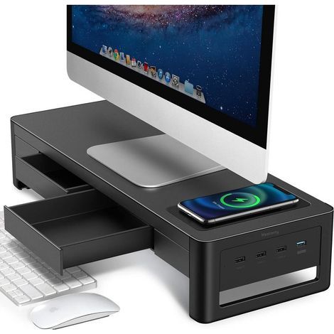TAISHENGDA-Support de Moniteur avec Tiroir de 4 Ports USB, 3 en 1 support de moniteur d'ordinateur en métal pour transfert de données et charge (1/4)