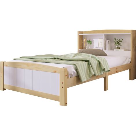 Cama individual 90x200 cm con cabecero con estantes y almacenaje, estructura de madera y MDF, acabado blanco y madera clara, con somier y sin colchón - CHICFURN (1/5)