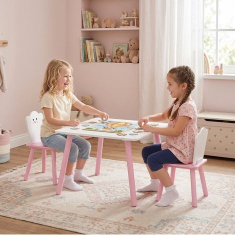 Mesa infantil con 2 sillas 60x60x44 cm de madera rosa y blanca, bordes redondeados – MEUBLIV (1/5)