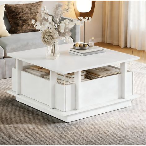 Table basse 70x70x35 cm blanche en panneaux de particules brillants avec 2 tiroirs, LED et séparateurs en acrylique (1/5)