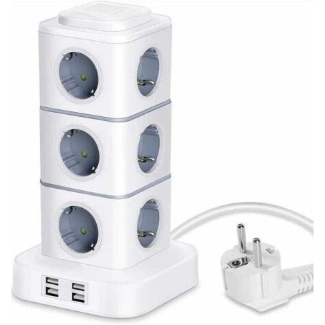 QORVA-Multiprise verticale 12 prises avec 4 ports USB – Rallonge 3M – Protection contre surtensions – Charge rapide pour appareils mobiles