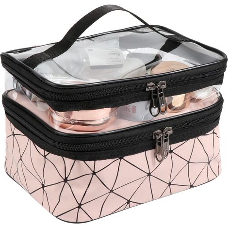 Neceser de maquillaje para mujer, impermeable, portátil, de doble capa, con compartimento para brocha y para guardar cosméticos. (1/5)