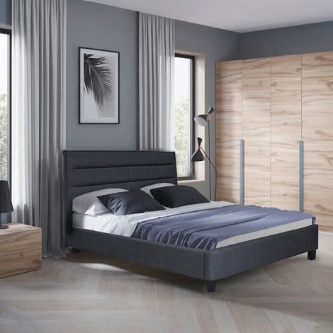 Le Quai Des Affaires – Lit LACANAU 140x190 avec sommier – Gris foncé – Cadre en MDF – 24 lattes cintrées en bois – Dimensions 205x156x106 cm (1/5)
