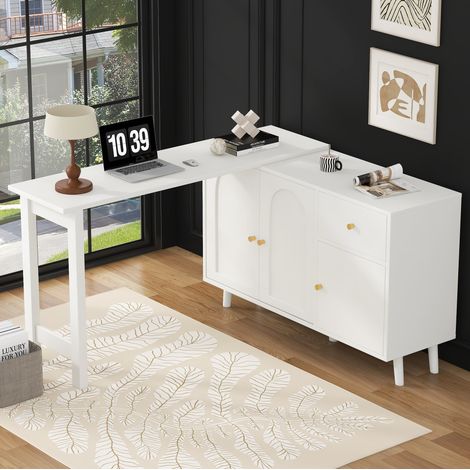 Scrivania 2 in 1 120x40x74.5 cm bianca in truciolare girevole a 360° con sideboard (1/5)