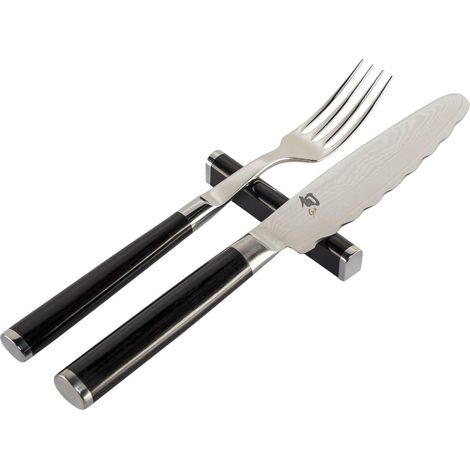 KAI DM-0908 Shun Set di Posate da Tavola 3 Pezzi con Coltello Sega, Forchetta e Poggiacoltello Materiale Acciaio Damasco e Manico in Legno Pakka colore Nero (1/3)