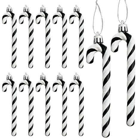 Set mit 12 Weihnachtsbaumkugeln, Zuckerstangen-Weihnachtsdekorationen, hängende Weihnachtskugeln (Schwarz) (1/4)