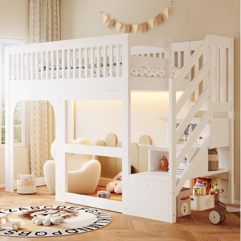 Lit mezzanine enfant 90x200 cm avec LED, escalier de rangement, espace ouvert, sommier à lattes, bois - blanc (1/5)