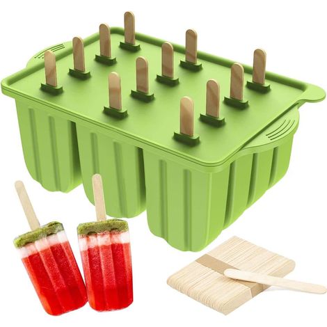 Silicone Ice Cream Mold, BPA Free, Reusable, with 50 Wooden Sticks (Green) (1/5)