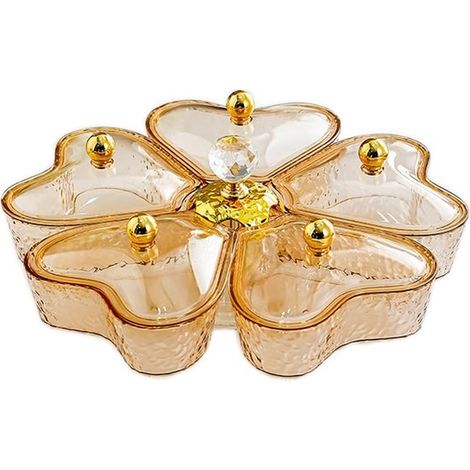Contenitore girevole con coperchio e maniglia, porta snack portatile con 5 scomparti, adatto per frutta, caramelle, snack, verdura e frutta secca, porta snack girevole, color oro, lungo 28,5 cm. (1/4)
