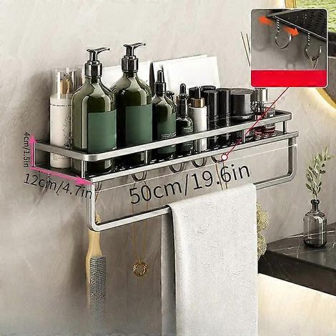Étagère de rangement grise pour accessoires de salle de bain, étagère murale en aluminium pour accessoires de salle de bain, adaptée aux couloirs de salle de bain, barre de crochet grise de 50 cm. (1/5)
