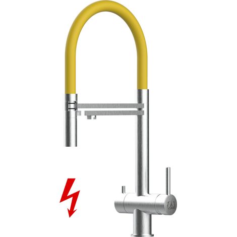 NIEDERDRUCK 3 Wege Edelstahl Massiv Küchenarmatur Spültischmischer, mit 360° schwenkbarem Gelb Auslauf und 2 strahl Handbrause - Gebürstet (1/5)