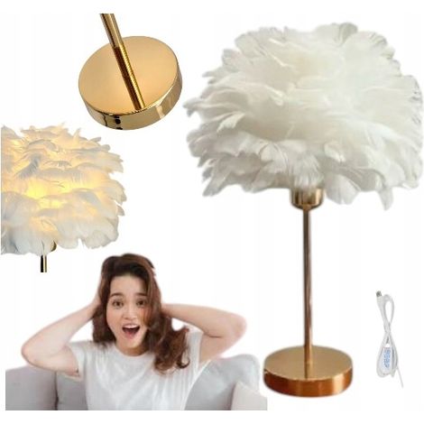 Elegante lampada da tavolo con paralume in piuma bianca e interruttore dimmer per comò (1/5)