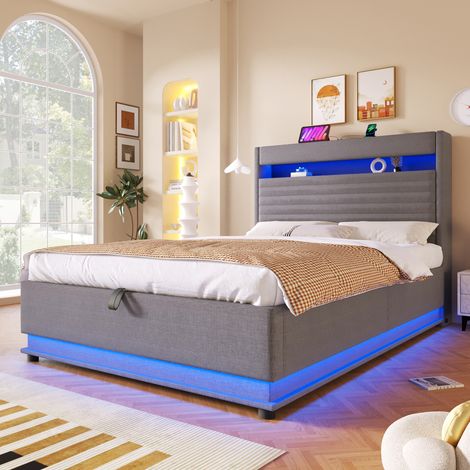 Lit à sommier rembourré 140x200cm, avec chargeur USB-C, éclairage LED, rangement hydraulique, coffre relevable, sans matelas, commande par bouton/app, lin gris (1/5)