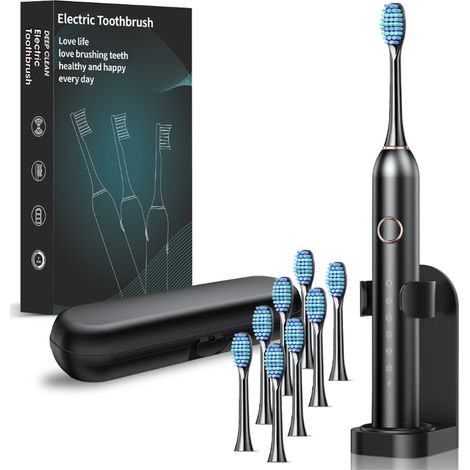 Brosse à dent électrique doux à ultrasons 5 modes de nettoyage 8 brossettes avec support et étui de voyage Noir (1/5)